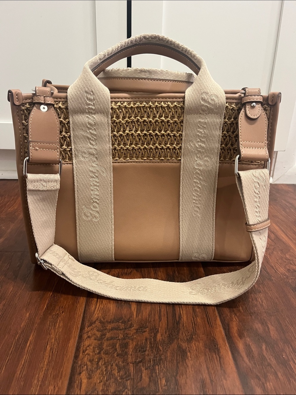 Tommy Bahama Tan Leather & Straw-Panel Satchel with Cream Canvas Straps